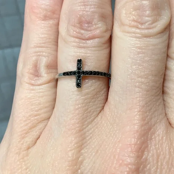 Sterling Silver Black CZ Sideways Cross Ring - Picture 7 of 7